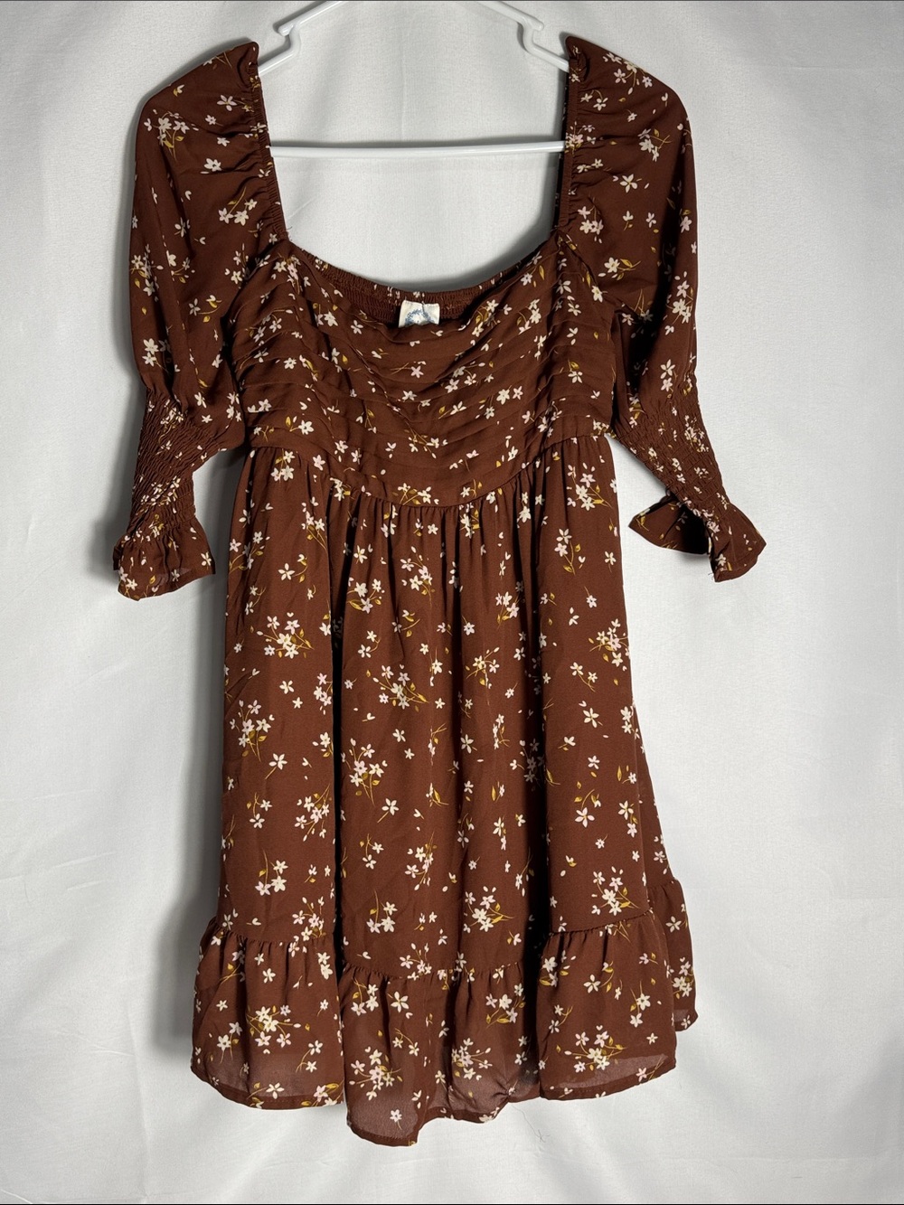 Blue Rain Brown Floral Babydoll Mini Dress Square Neck Size Small